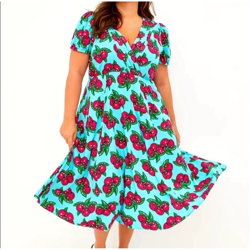 Torrid Betsey Johnson Blue Cherry Print Surplice Midi Dress Plus Size 24 Pockets